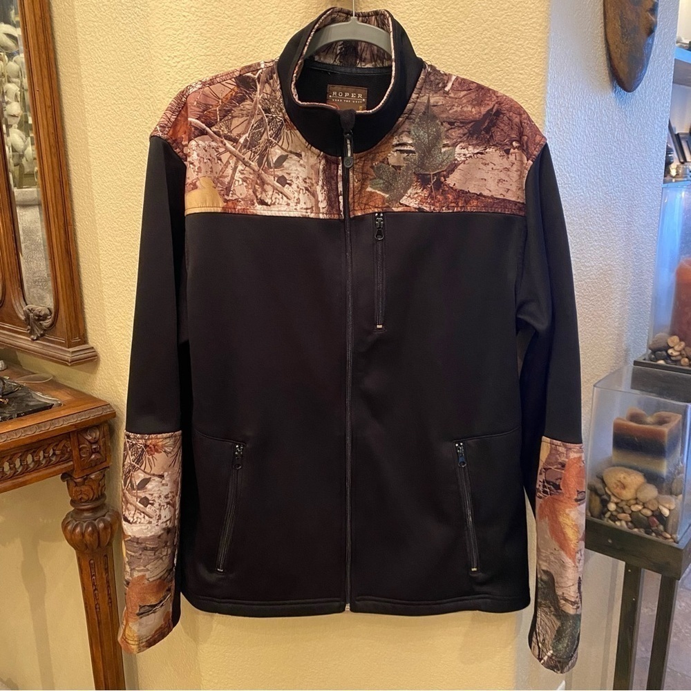 ROPER Men Black Camo Zipped Fleece Lined Jacket Size Large